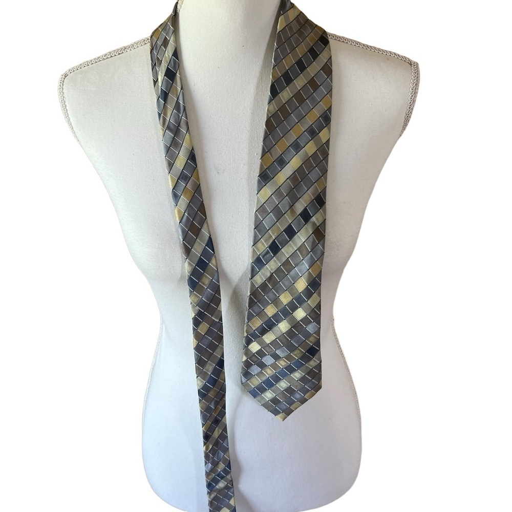 Kenneth Cole Reaction Brown Blue and Tan Square‎ Geometric Pattern Necktie